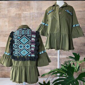 NWOT ANTHROPOLOGIE (SM ) Beautiful Stories Olive Boho Aztec Embroidered